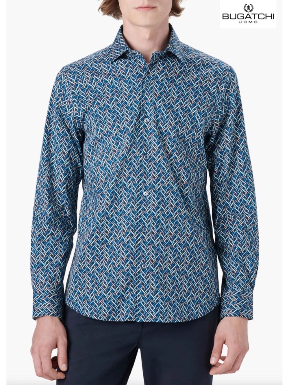 BUGATCHI MEN NWT GEO PRINT L/S SHAPED FIT NAVY STRETCH COTTON SHIRT. SIZE XL